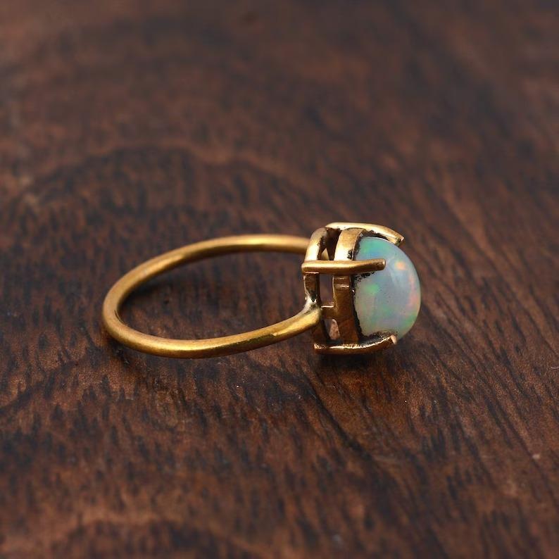 Кольцо с драгоценным камнем из эфиопского опала, кольцо из желтого золота, кольцо с зубцами из серебра 925 пробы, штабелируемое кольцо, женское кольцо, дизайнерское кольцо