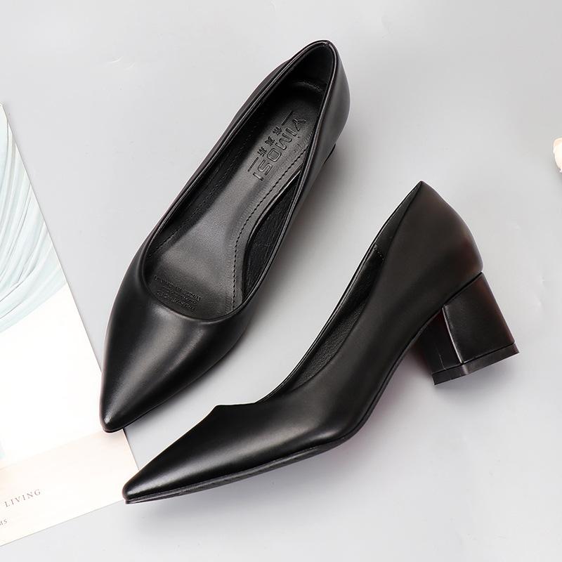 Толстый каблук черные туфли на среднем каблуке из кожи рабочая обувь женская обувь одинарные туфли