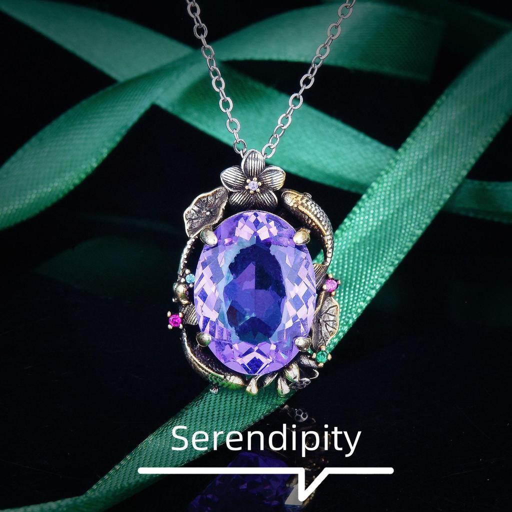 Итальянский ретро-филигранный комплект украшений «Двойная рыба-лотос»: Браслет «Листья лотоса», подвеска с драгоценными камнями, серьги и кольцо.