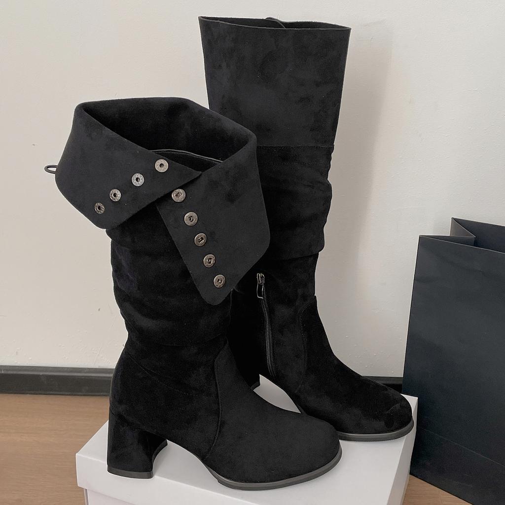 Модные зимние женские высокие сапоги из замши с острым носком, модные туфли-слипоны с ремешком и пряжкой, лаконичные ботильоны на толстом каблуке в рыцарском стиле, новинка 2025 года