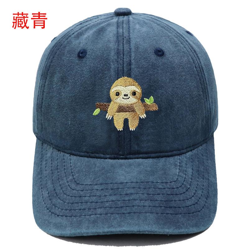 Popular cute sloth embroidered baseball cap animal washed retro men's and women's casual outdoor sun hat