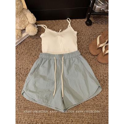 Спортивный стиль, новые повседневные брюки с эластичной талией и шнурком для женщин, летние, новые свободные широкие брюки с высокой талией, шорты с тремя точками