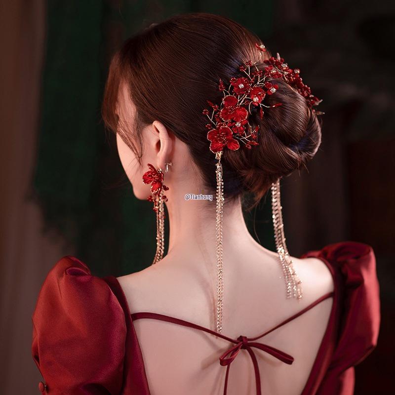 Комплект серег и головного убора с кисточками из стразов, заколки для волос с цветами и аксессуары для китайского платья для тостов винного цвета.