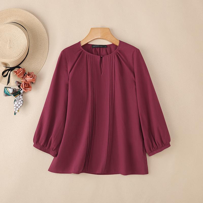 ZANZEA Женская повседневная блузка из хлопка с круглым вырезом и рукавом 3/4