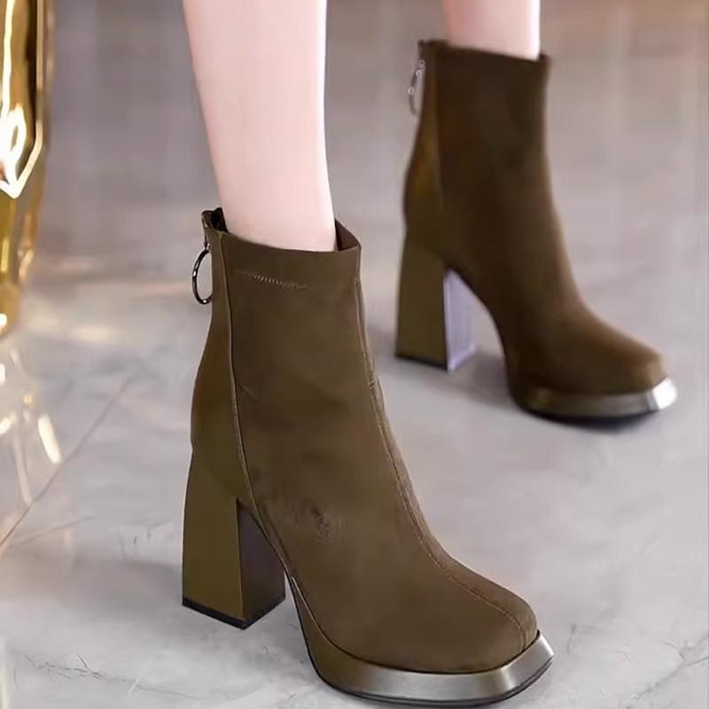 Square Head Platform Short Boots Women's Autumn and Winter 2025 New Suede High Heels Thick Heel Waterproof Table Martin Boots Women's Boots
