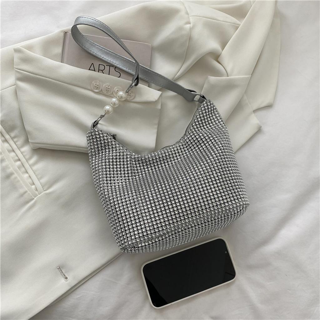 Гламурная вечерняя сумка через плечо для женщин, блестящая, со стразами, ПВХ, мягкая отделка, жемчужный ремешок, молния для вечеринок, гала-мероприятий, дамская сумочка