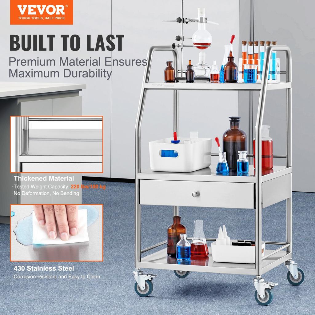 VEVOR Lab Serving Cart, 3 Layers Stainless Steel Utility Rolling Cart, Medical Cart with A Drawer, Dental Utility Cart with Lockable Wheels
