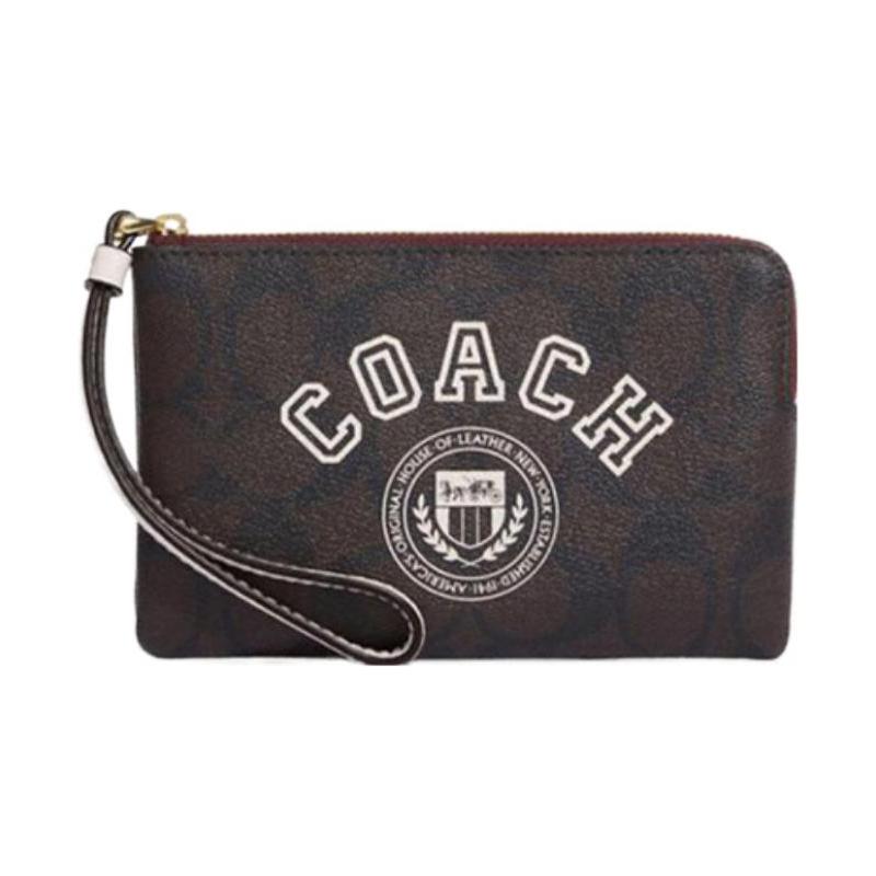 Coach Угловая молния 16 букв Молния Двойные слоты для карт Искусственная кожа Сумка-браслет Клатч Маленькая женская Коричневый и Меловой белый