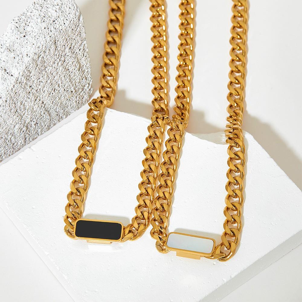 Stainless Steel Chunky Chain Necklace with Black Square Pendant, Tarnish Free Statement Hop Jewelry for Women