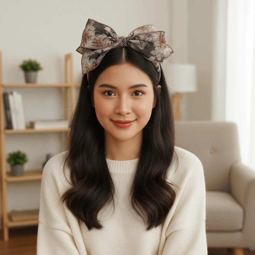 Creative Bownot Wide Hair Hoop Headwear Floral Printed Hairband Three-layer Bow Headband for Gifts