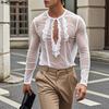Men Cutout Ruffled Neck Long Sleeve Mesh Sheer See Through Tops T-shirts