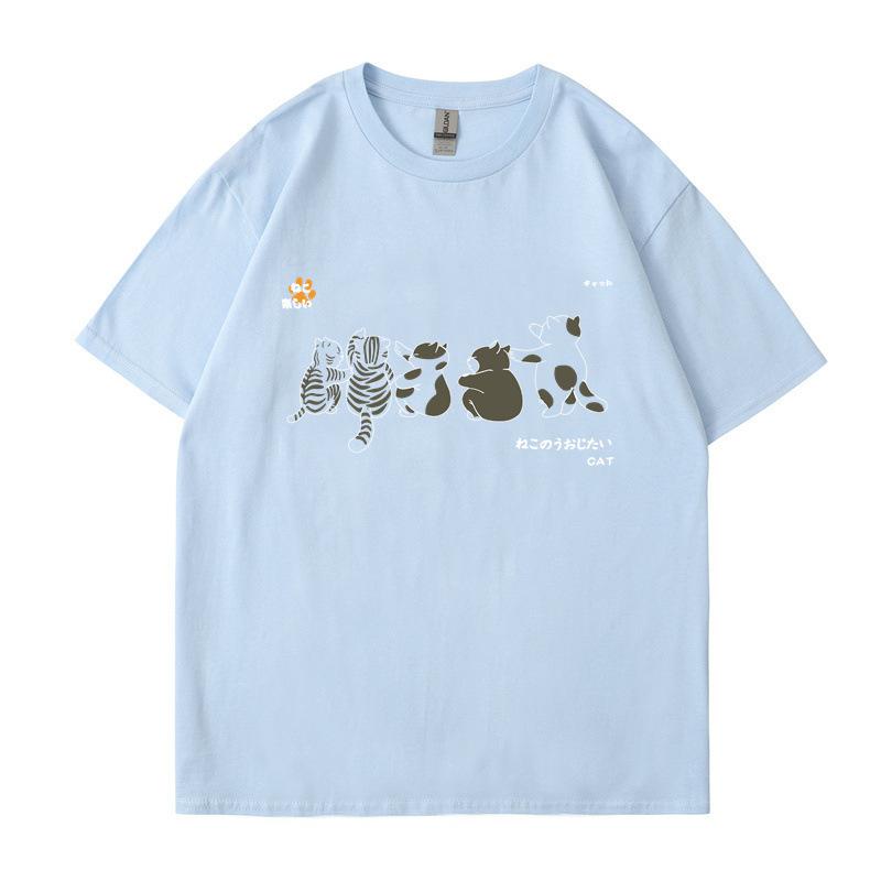 Рубашка с коротким рукавом, мужская, с рисунком кошки, летние, свободные и универсальные, студенческие футболки