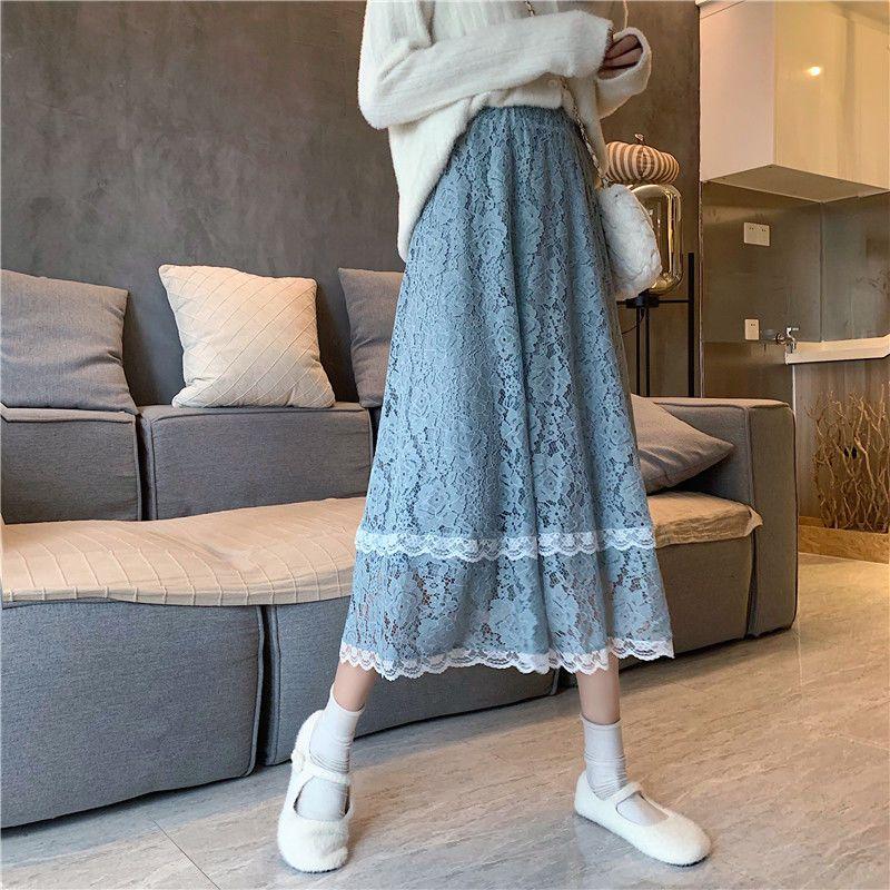 Female Lady Korean Style Black White Blue Lace Midi Skirt Women Spring Autumn Cute Elegant Office A-line Skirt