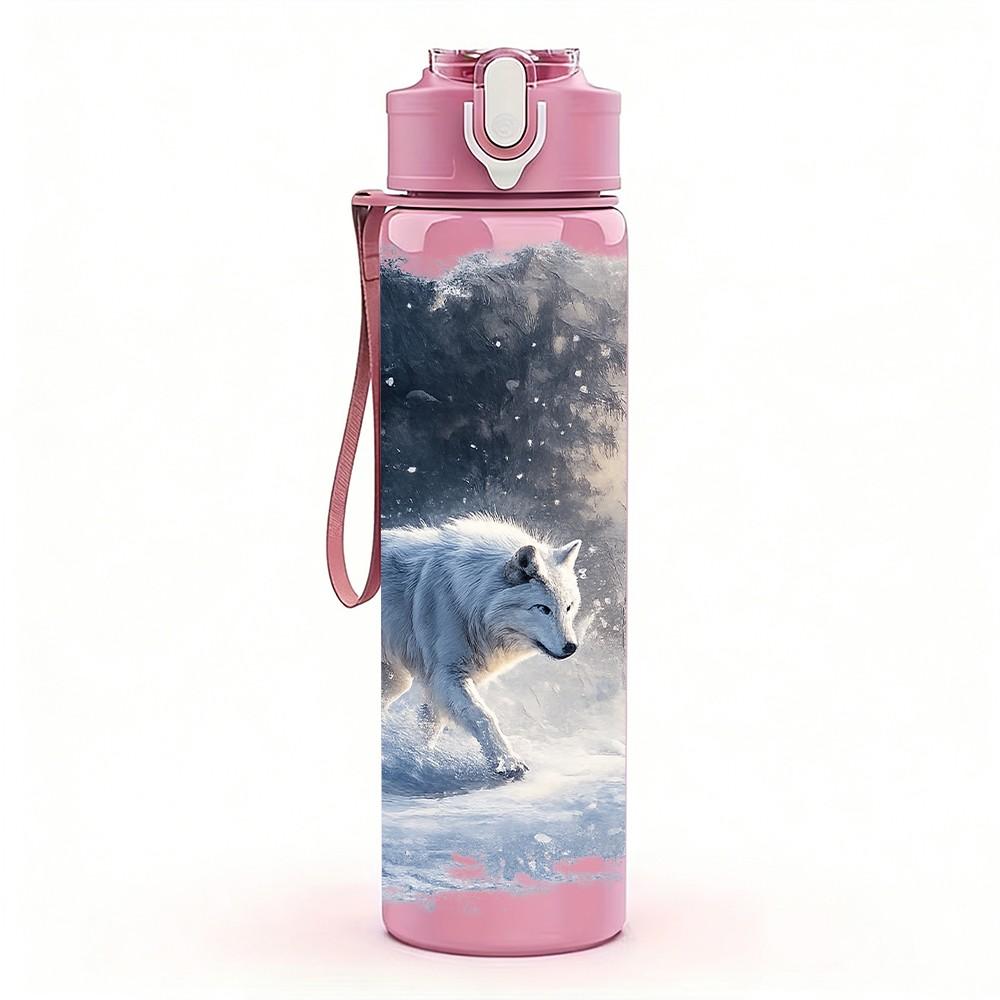 1PC Winter Snow Wolf Wild Animal Print 750ml Color Plastic Sports Water Bottle Leakproof Flip Straw Lid Suitable for Sports Office Home Use