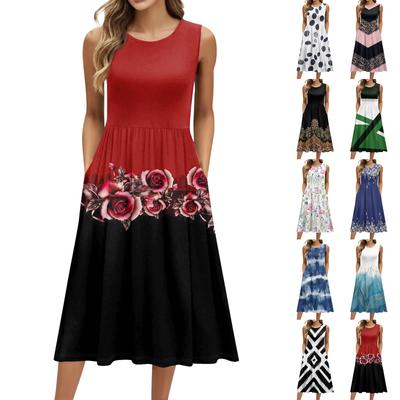 Женское модное платье средней длины с круглым вырезом и принтом без рукавов