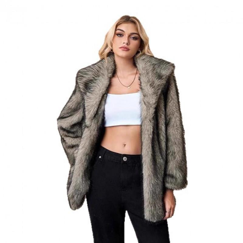 Womens Faux Fur Coat Mid-Length Blazer Collar Fall Winter Street Style Coffee Tip Gray