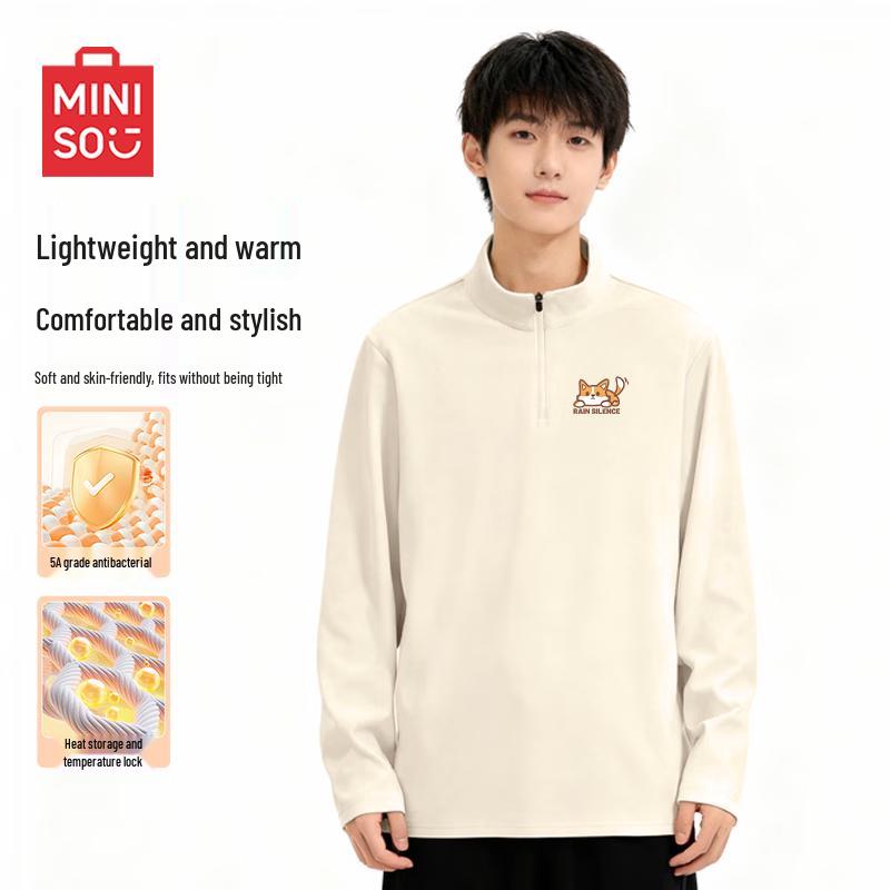 MINISO Men's Fleece-Lined Half-Zip Long Sleeve T-Shirt