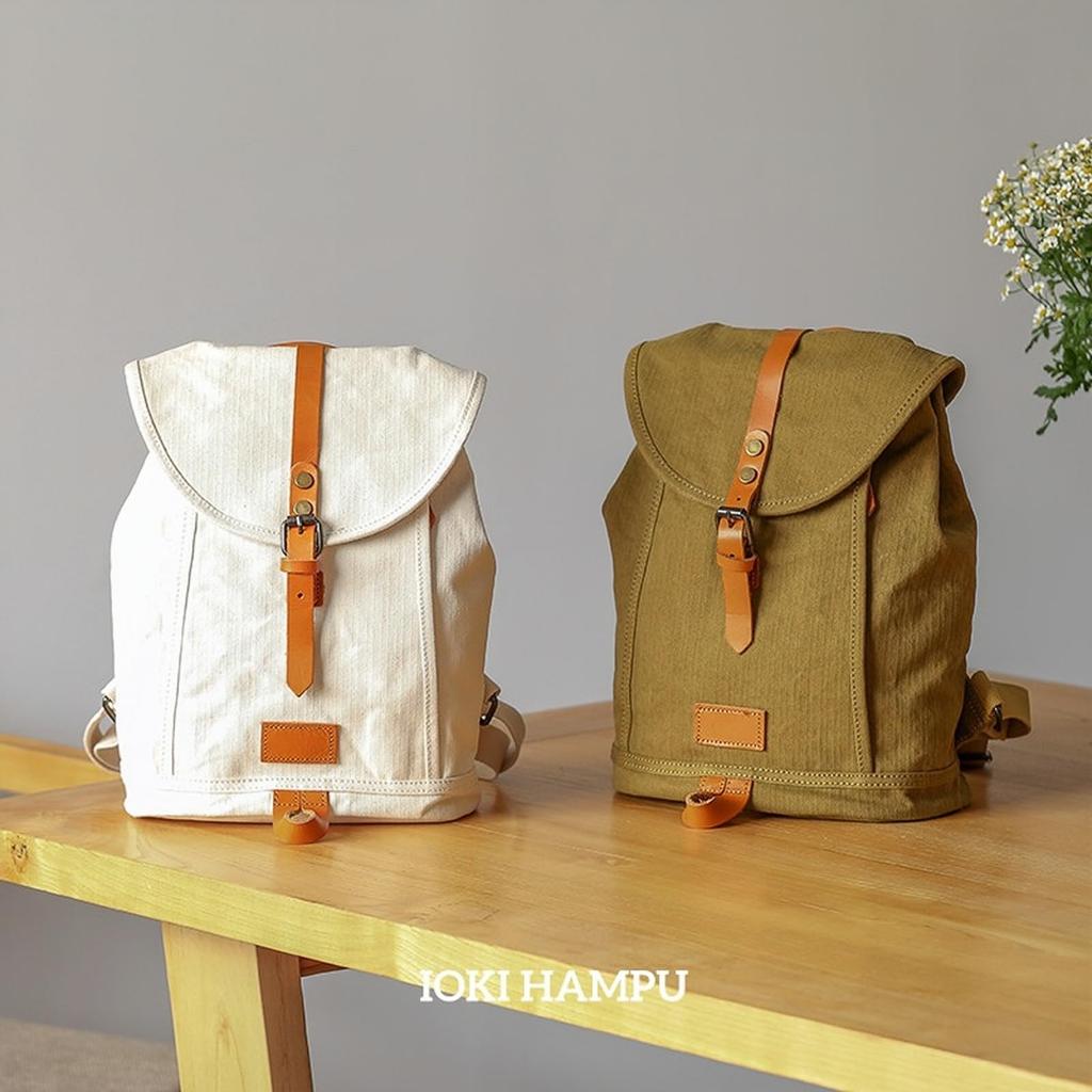 IOKI HAPU Canvas and Genuine Leather Backpack with Back Water Rucksack Pocket, Repellent, Mother's Bag, (green)