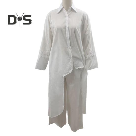 2 Pcs/Set Fall Spring Women Shirt Pants Set Long Sleeves Lapel Lace Cuff Button-down Irregular Hem Blouse Elastic Waist Trousers OL Commuting Sport