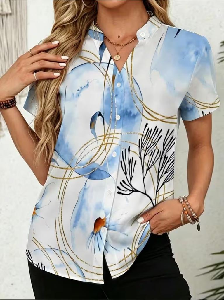 Summer Shirts Women Short Sleeve Gradient tie dye Blouse Flower Print Clothing Fashion Street Casual Daily V-Neck Button Tops
