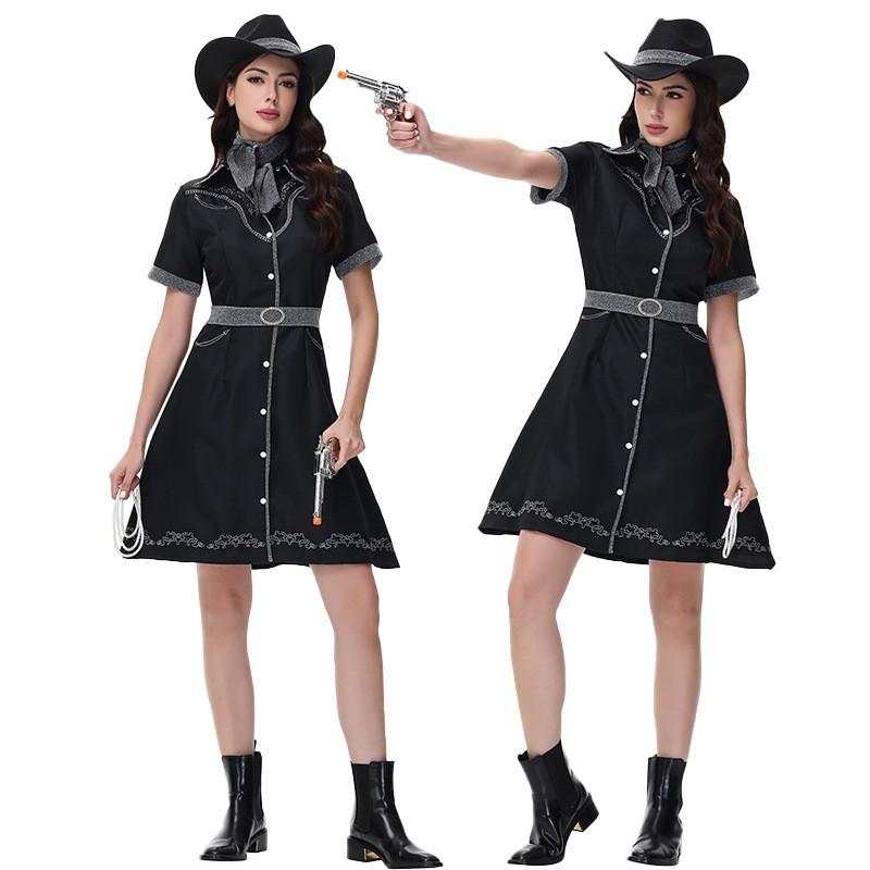 Western Cowboy Halloween Costume Dress With Hat Women Cotton Blend Party Outfit Size M XL
