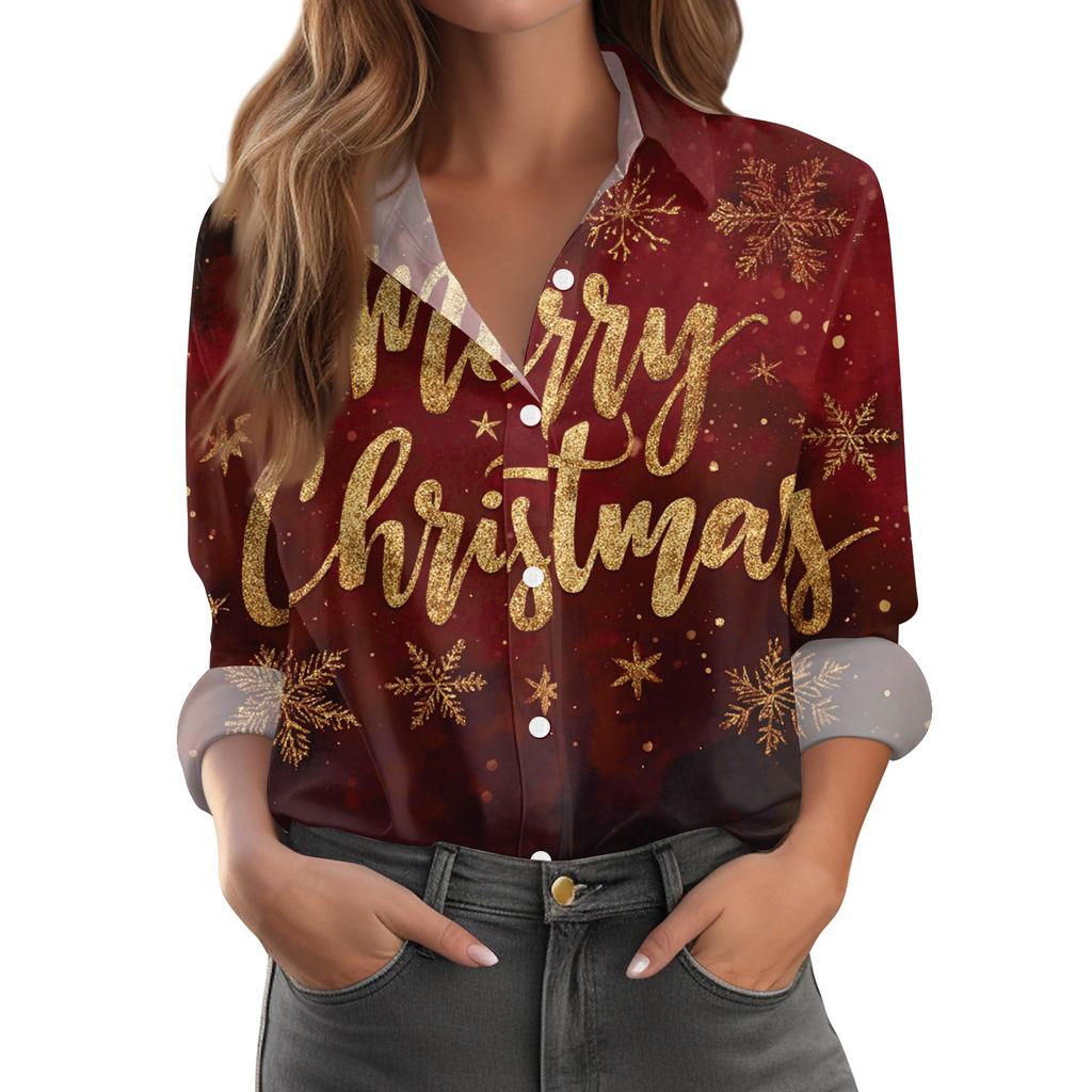 Женская повседневная рубашка с рождественским принтом, полуоткрытым воротником и длинными рукавами
