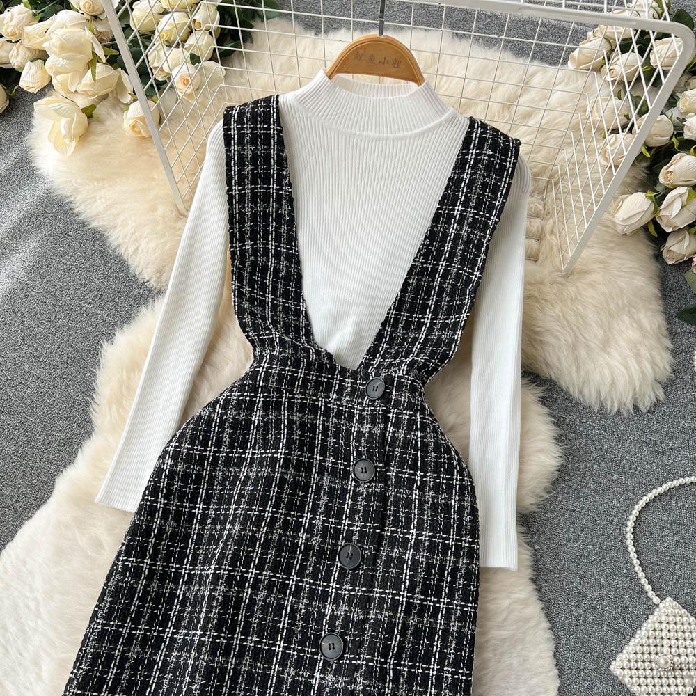 Autumn And Winter Fashionable Knitted Sweater + Bird Check Single-Breasted Straps Skirt Two-Piece Set