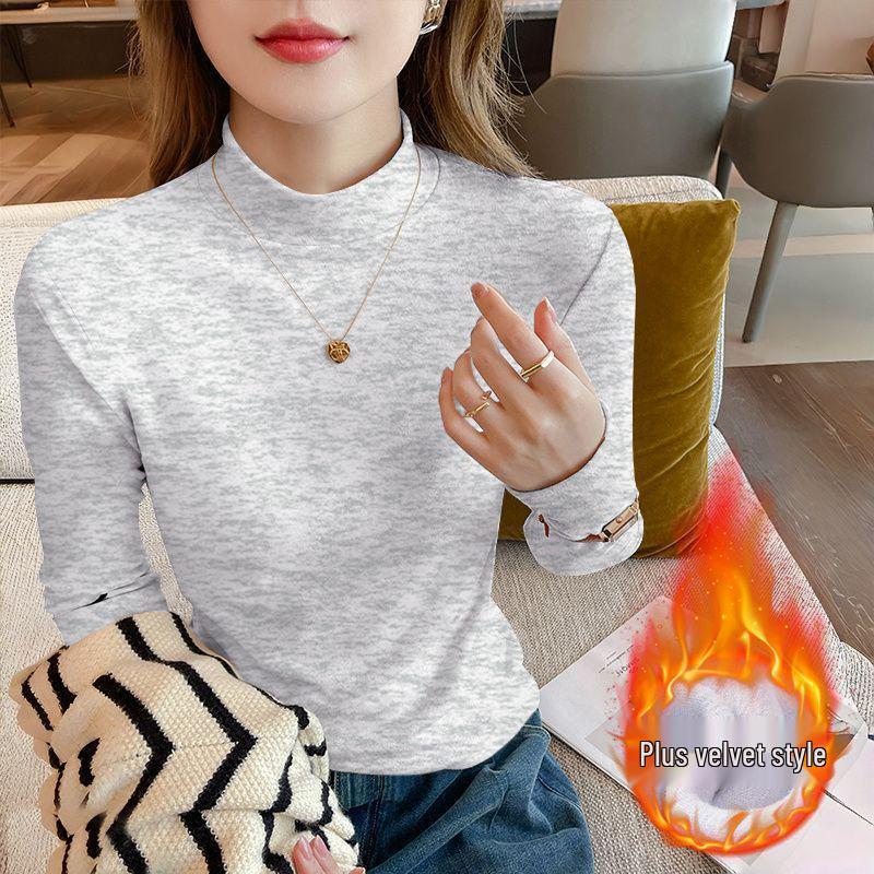 Осень 2025 Большой размер Приталенный Топ-база с длинным рукавом Свободный для женщин с воротником-стойкой