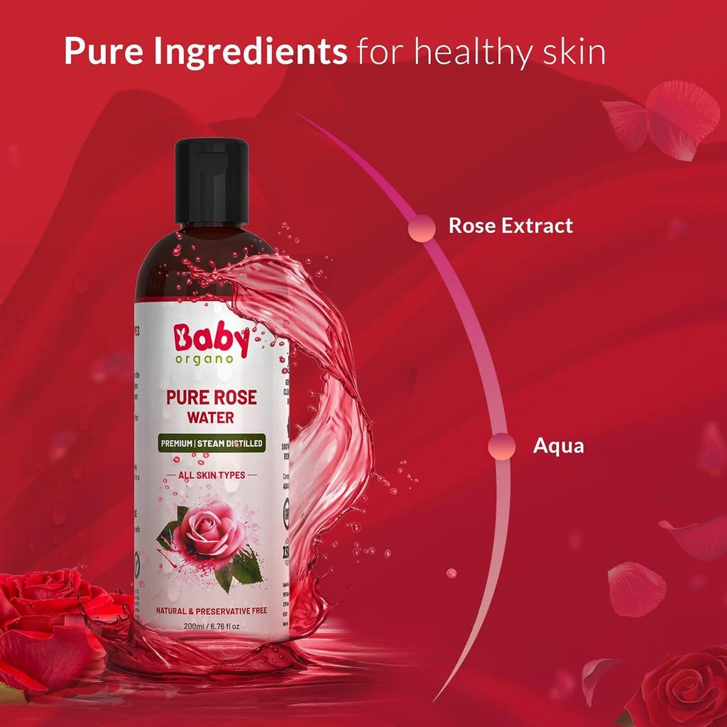 BabyOrgano® Natural Pure Rose Water – 200 мл | Увлажняющий тоник и спрей для лица для всех типов кожи