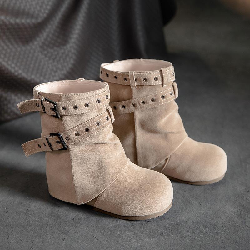 Autumn and Winter New Anti-velvet Short Boots Children's Belt Buckle Medium Heel Low Boots Versatile Women's Boots