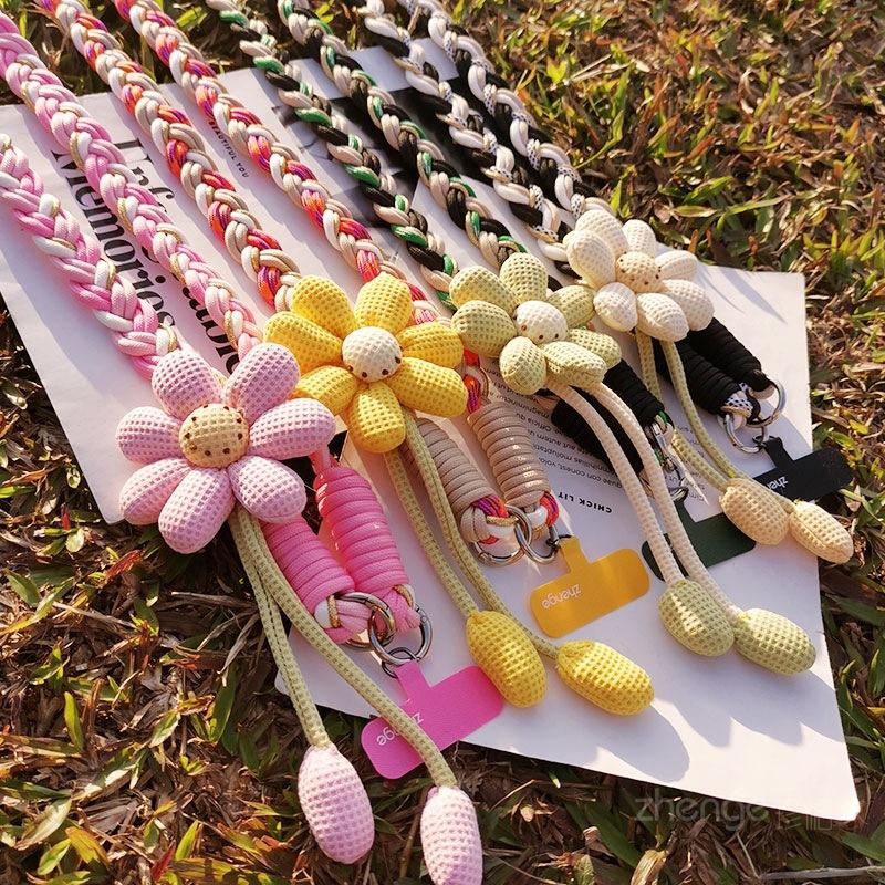 Ремешок для мобильного телефона через плечо, рюкзак для женщин - Длинный стиль с плетеным шнуром ручной работы с цветком, прочный и всепогодный, уличный ремешок против потери