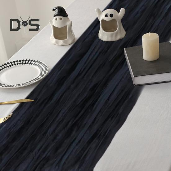 Дорожка для стола на свадьбу, марлевая, в стиле Хэллоуина, плиссированная, чистого черного цвета, устойчивая к пятнам, многоразовая, для защиты стола, украшения, для банкета, выпускного вечера