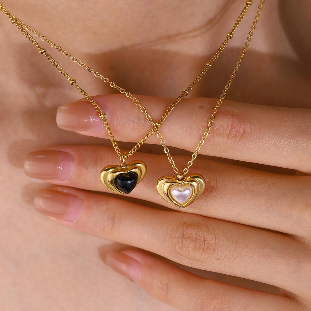 18K Gold Plated Tiger Eye Necklace for Women Stainless Steel Heart Charm Double Frame Pendant Pearl Dainty Jewelry Gift Custom`