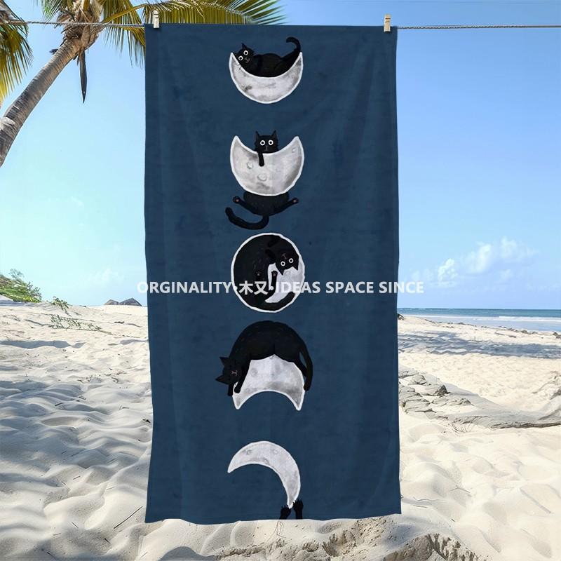 Black Cat Moon Phase Beach Towel Patterned Sunscreen And Windproof Suitable For Swimming Pool Camping Travel