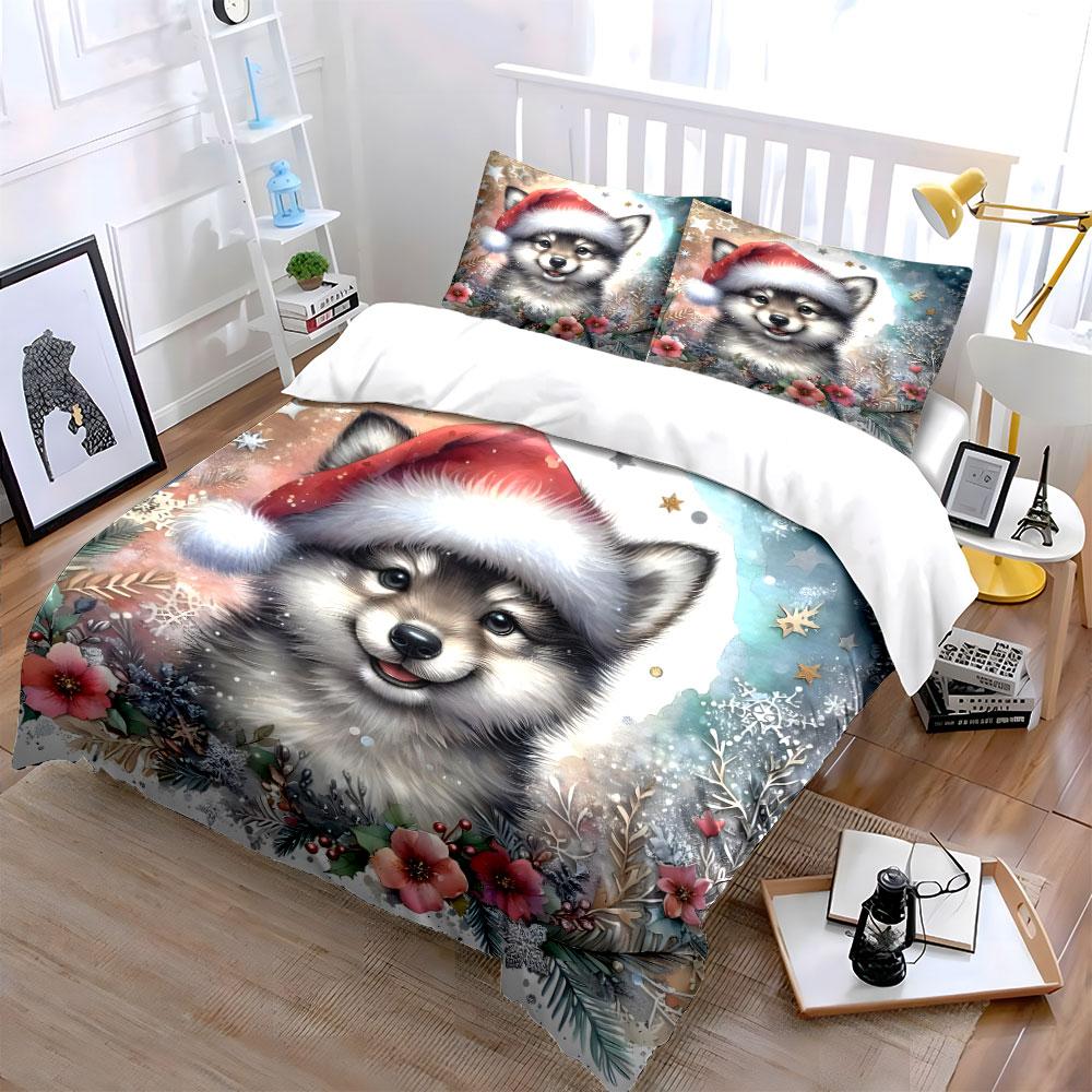 Cute Christmas Puppy with Flowers Bedding Duvet Cover Set Duvet Cover Pillowcases (1*Duvet Cover 2*Pillowcases, without duvet insert)
