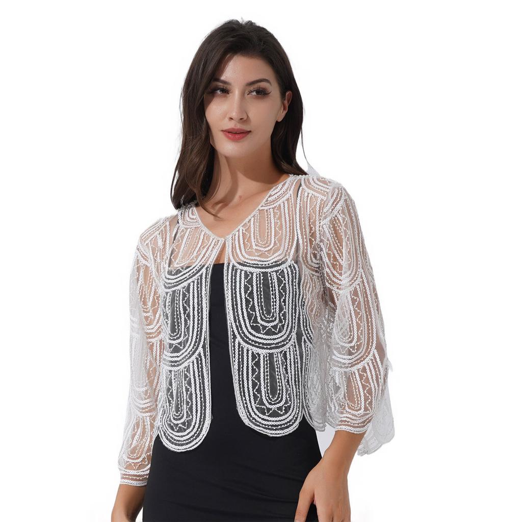 Women Lace Bolero Long Sleeve Hook-Eye Closure Shrug Cardigan Wedding Event Dress Accessories