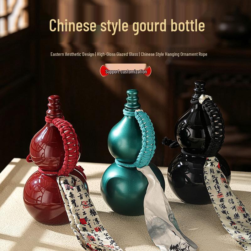 In Stock: 500ml Multicolor Imitation Porcelain Gourd Bottle with Hand Rope, Shoulder Strap & Accessories, Easy to Carry