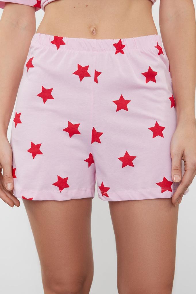 Women's Fashion Pink-Multicolored 100% Cotton Star Patterned T-shirt-Shorts Knitted Pajama Set
