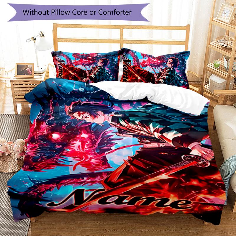 3pcs Custom Name Demon Slayer Tanjiro Bedding Set Duvet Cover Closure Includes 1 Duvet Cover & 2 Pillowcases for All Seasons Bedroom Decor