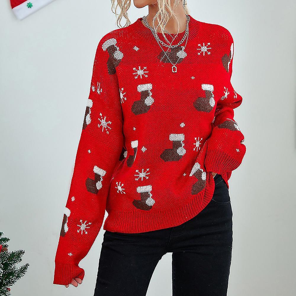 Women Christmas Sweater Christmas Socks Hat Pattern Sweater Warm Knitted Sweater