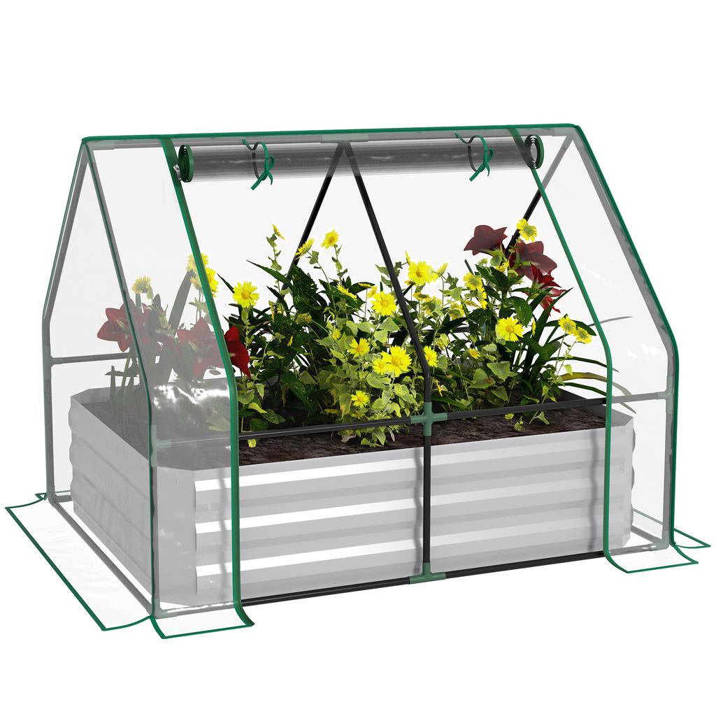 Raised Garden Bed with Greenhouse, Steel Planter Box with Plastic Cover, Roll Up Window, Dual Use for Flowers, Vegetables, Fruits and Herbs