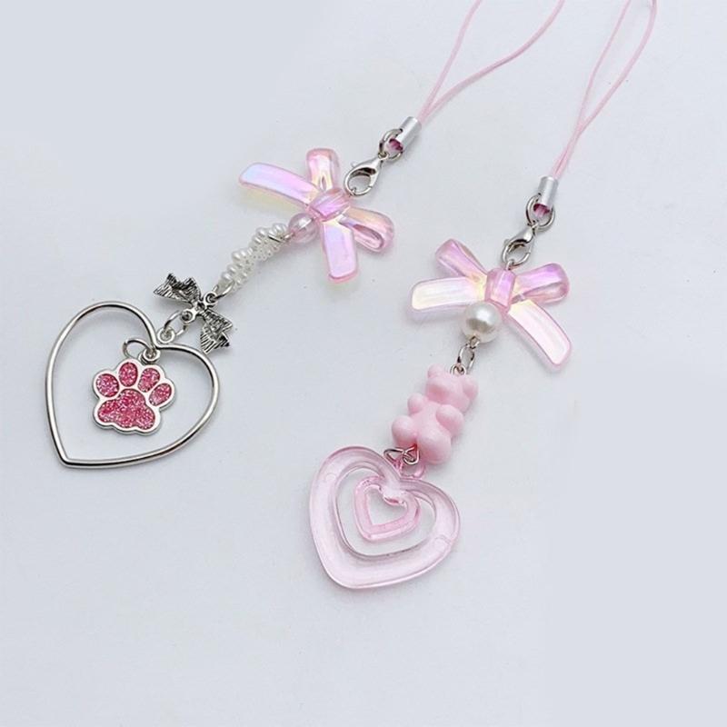 Брелок на шею для телефона с бусинами, ремешок на запястье, бант, сердце, цепочка для телефона, DIY, ручная работа, брелоки-бантики, аксессуар для телефона, рюкзака, камеры