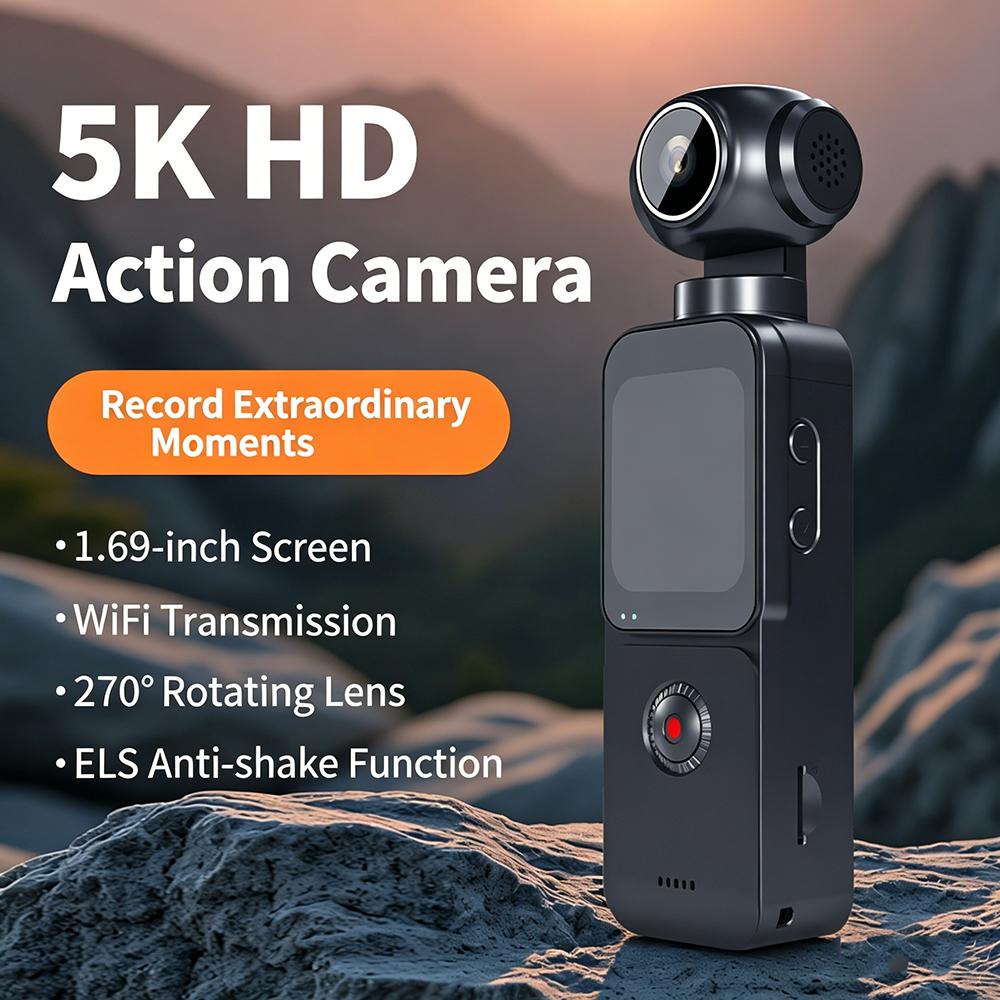 5K UHD Pocket Action Camera with 270° Rotatable Lens EIS Anti-Shake WiFi Vlog Camera for Outdoor Sports Travel