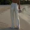 Женские повседневные брюки с эластичной талией и средней посадкой, прямые, широкие, длинные брюки с блестящими пайетками, брюки в пригородном стиле