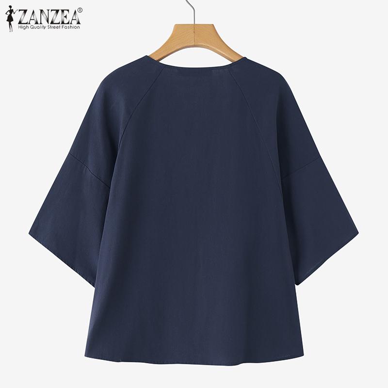 ZANZEA Женские летние рубашки с круглым вырезом и коротким рукавом