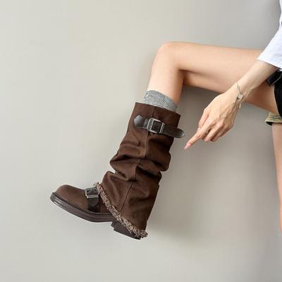 Новые ковбойские сапоги с рукавами на толстом каблуке женские осенние сапоги в стиле пустоши, с напуском, высокие, сапоги Майяр, осенне-зимние сапоги