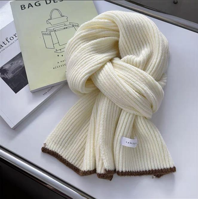Korean cotton knitted wool scarf women's autumn and winter atmosphere white thickened warm solid color scarf