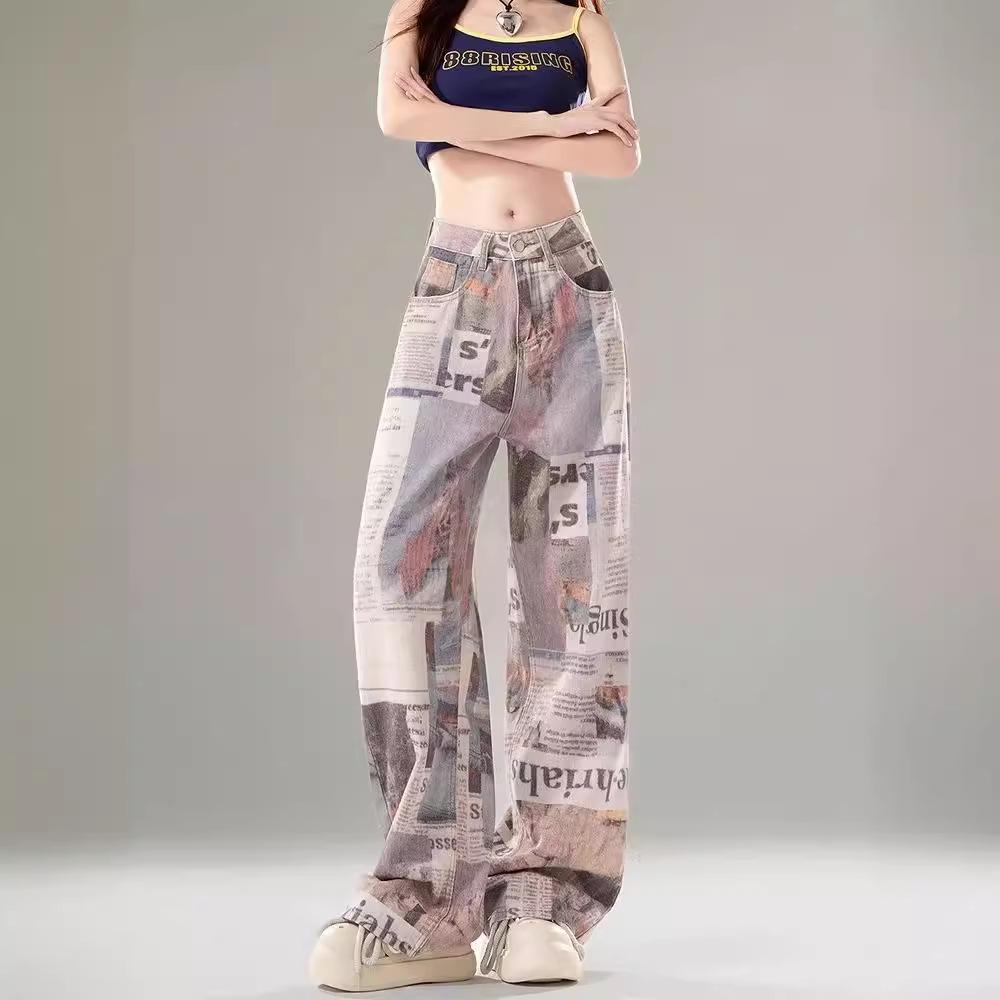 Женские ретро джинсы с высокой талией и широкими штанинами с принтом газеты