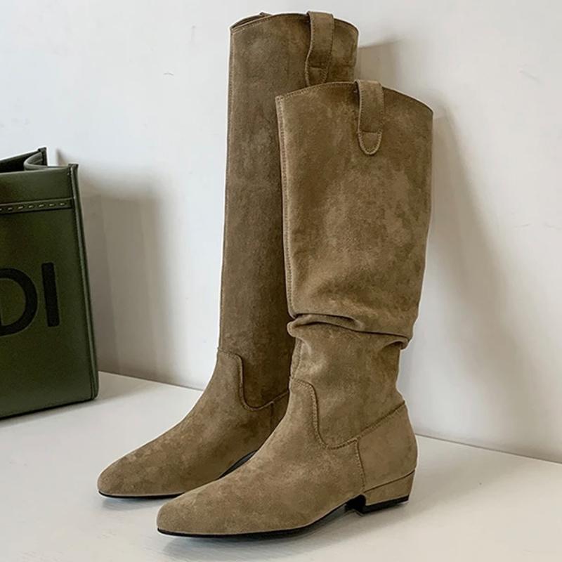 Flats Women High Boots Suede Pointed Toe Knee High Retro Boots 2025 Trend New Brand Designer Winter Classic Chelsea Botas Mujer