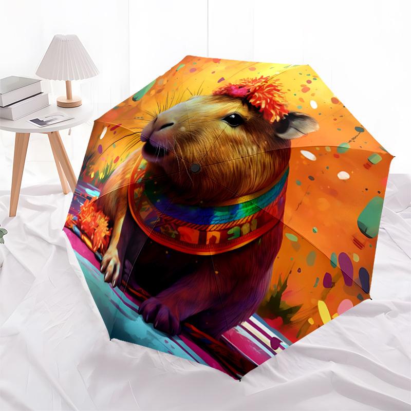 1pc Capybara Print Automatic Folding Umbrella - 8-Rib Durable Iron Frame, Compact Portable for Daily Travel yy251205021